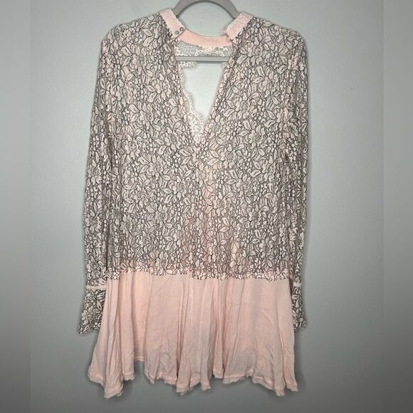 Free People Tell Tale Sheer Lace Tunic Mini Dress Keyhole Long Sleeve OB556692 - Picture 4 of 4